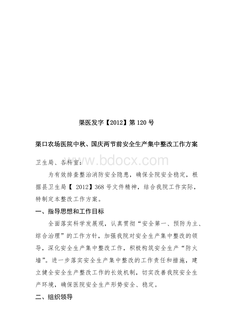 120---渠口农场医院两节前安全生产集中整改工作方案_精品文档.doc_第1页