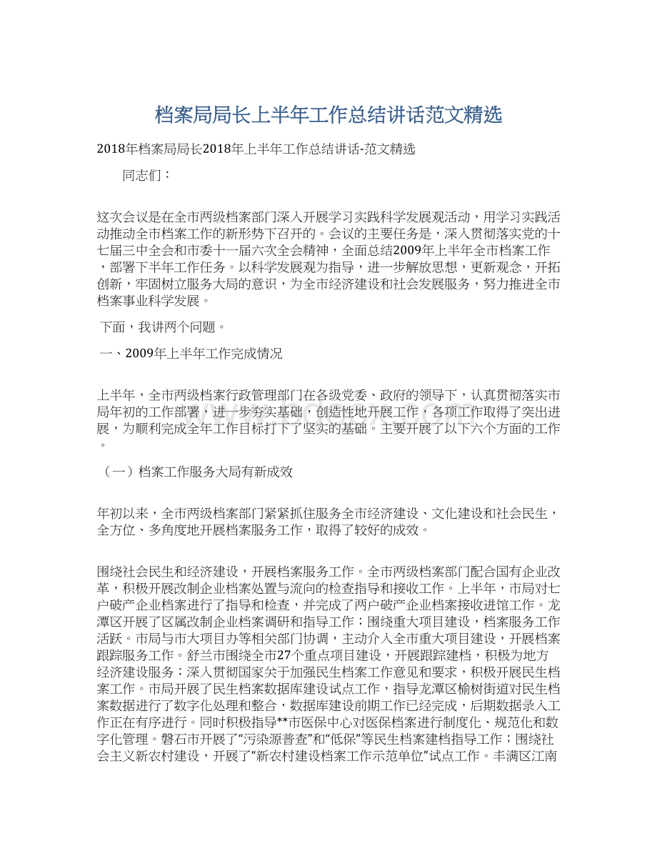 档案局局长上半年工作总结讲话范文精选.docx