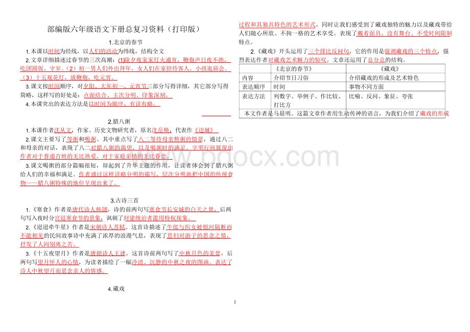 部编版六年级语文下册总复习资料(打印版)Word文档格式.docx_第1页