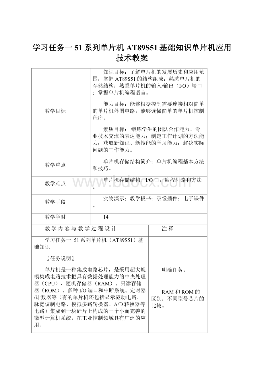 学习任务一51系列单片机AT89S51基础知识单片机应用技术教案.docx_第1页