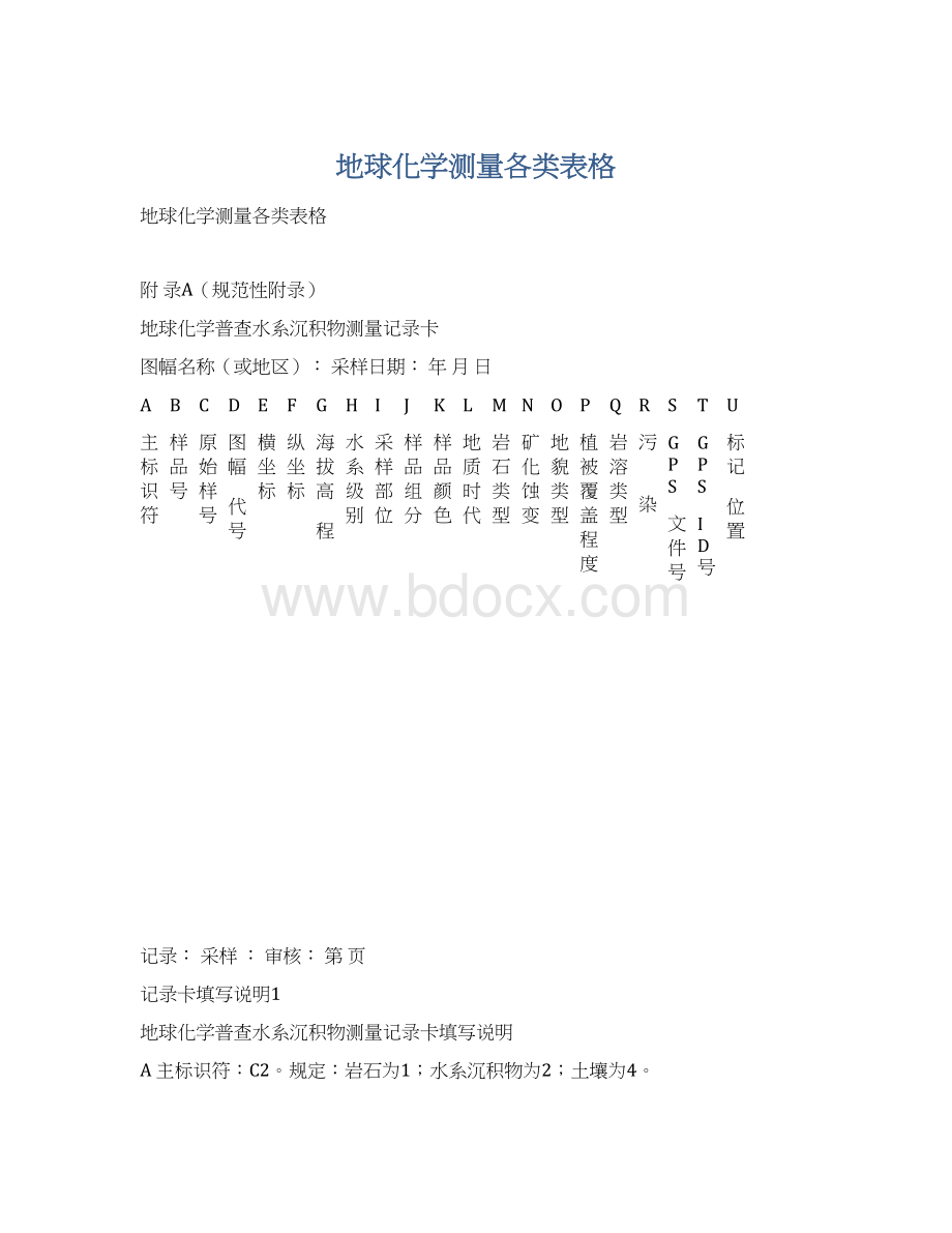 地球化学测量各类表格Word文档格式.docx