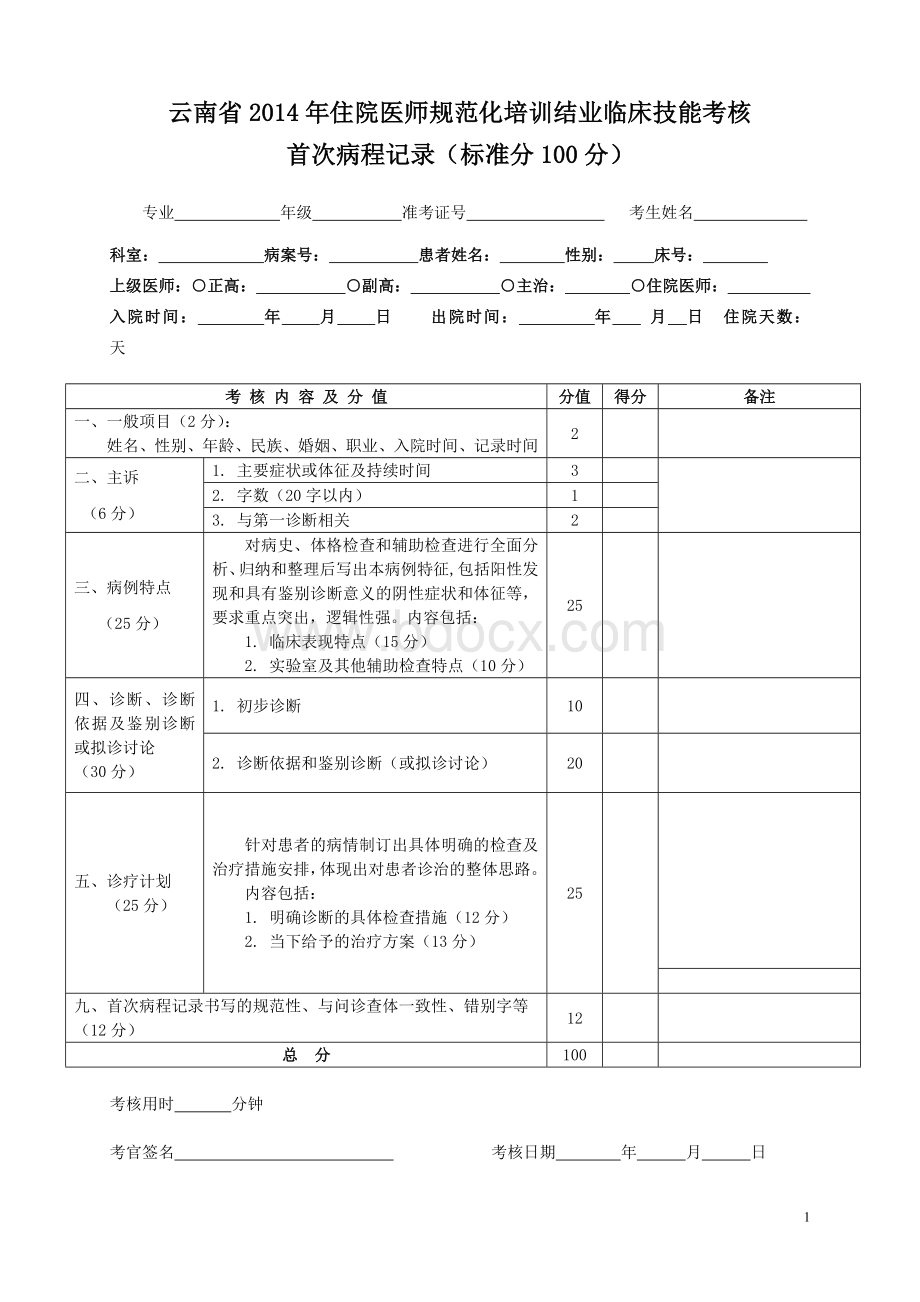 省住培结业临床技能考核评分标准首次病程记录.doc_第1页