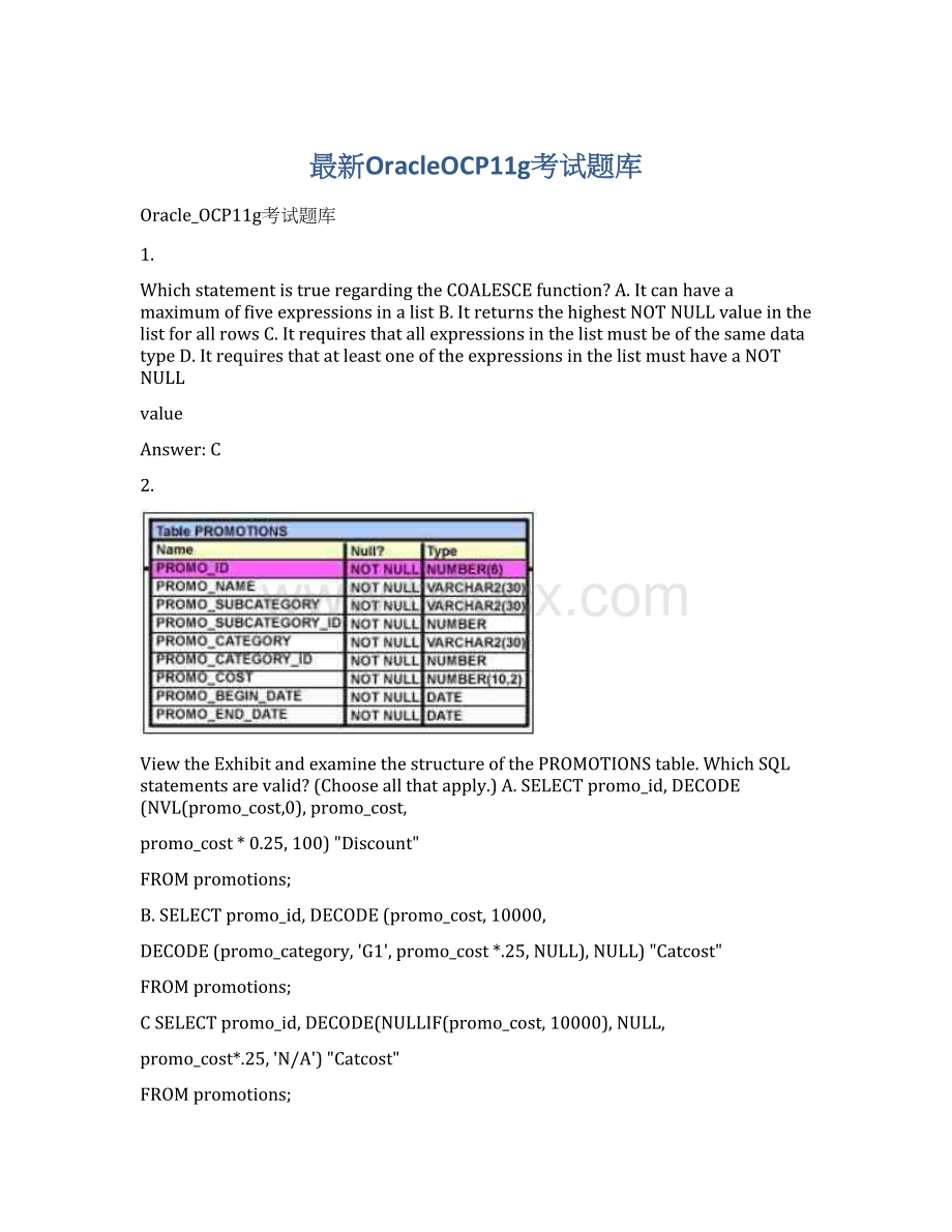 最新OracleOCP11g考试题库Word格式.docx