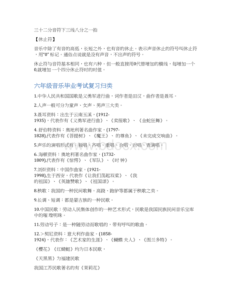 新小学六年级音乐毕业总复习归类提纲docWord文件下载.docx_第2页