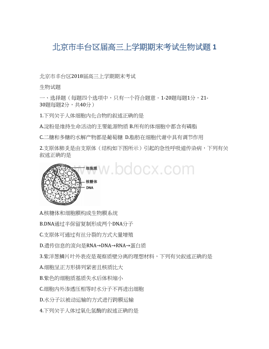 北京市丰台区届高三上学期期末考试生物试题 1.docx