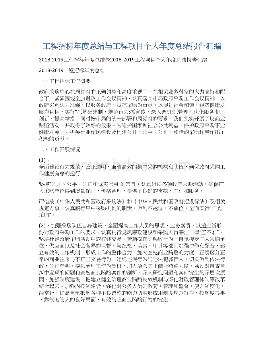 工程招标年度总结与工程项目个人年度总结报告汇编Word文档下载推荐.docx