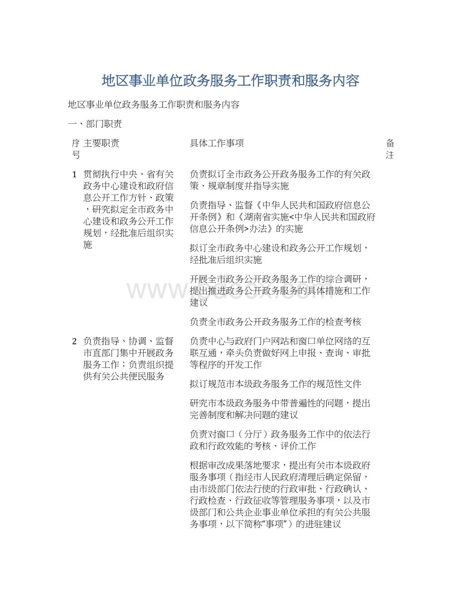 地区事业单位政务服务工作职责和服务内容.docx