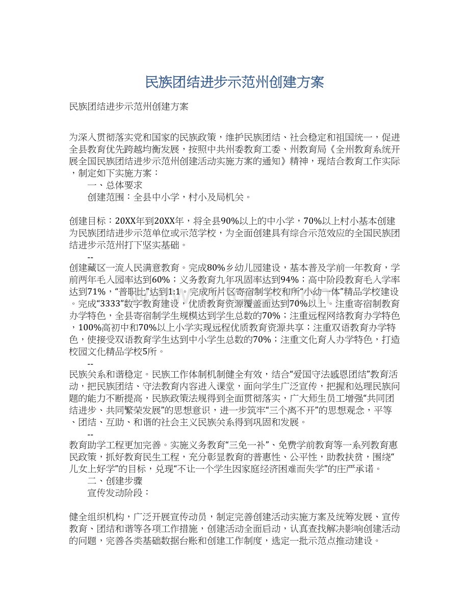 民族团结进步示范州创建方案Word文档下载推荐.docx