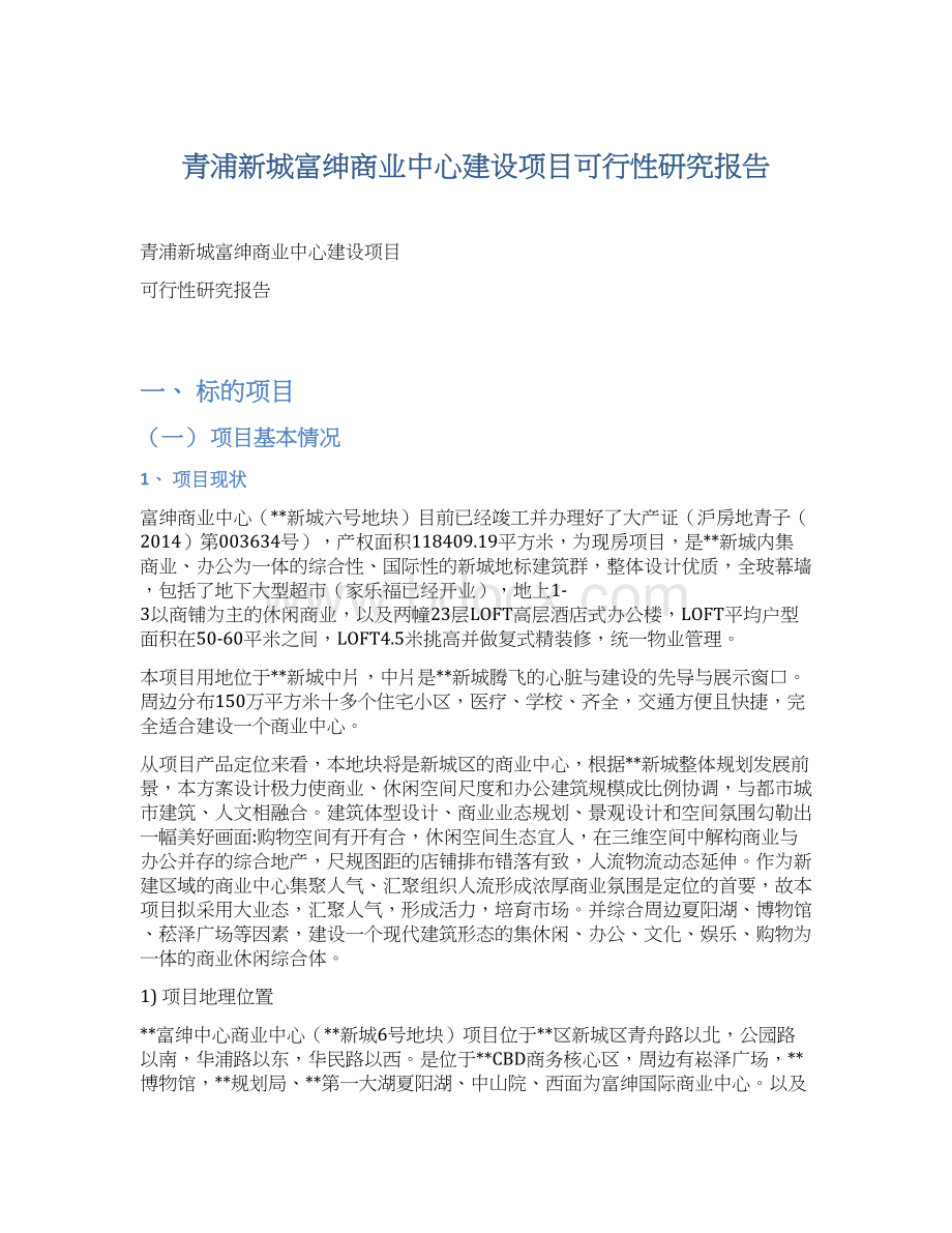 青浦新城富绅商业中心建设项目可行性研究报告Word下载.docx