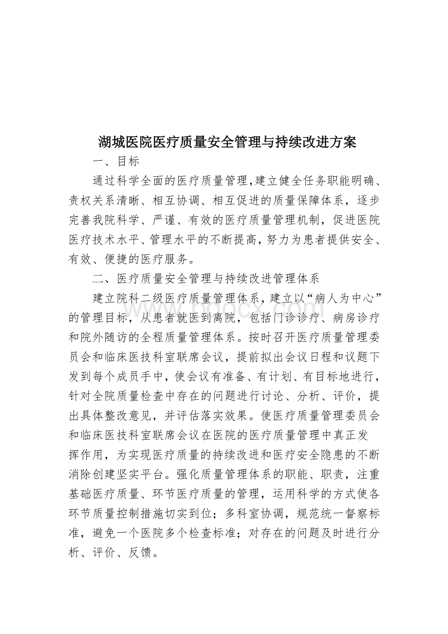 湖城医院医疗质量安全管理与持续改进方案_精品文档.doc_第1页