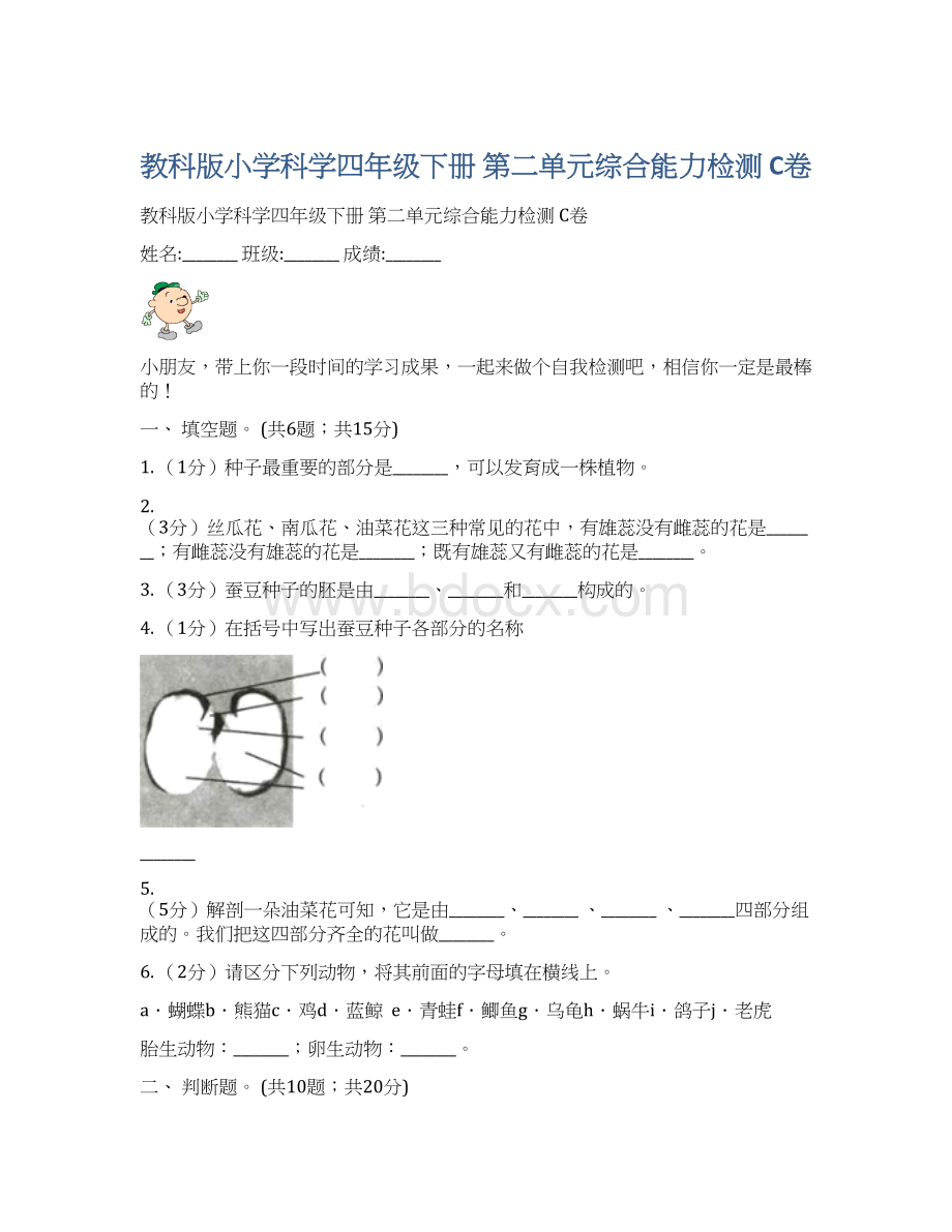 教科版小学科学四年级下册 第二单元综合能力检测 C卷.docx_第1页