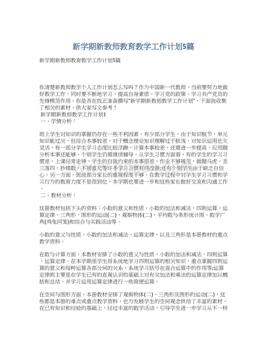 新学期新教师教育教学工作计划5篇.docx