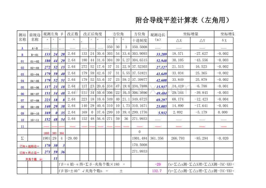 闭合导线附合导线平差计算表表格文件下载.xls_第1页