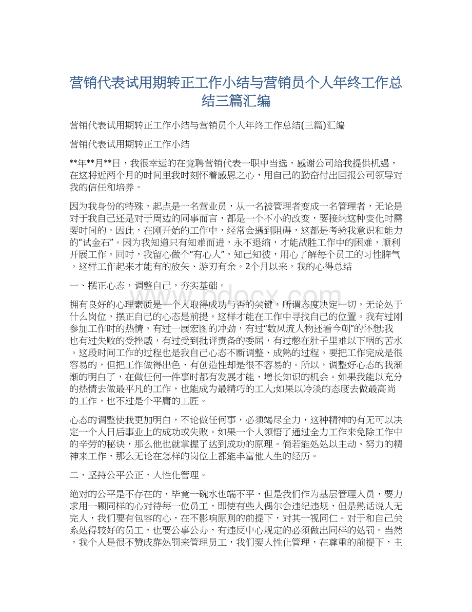 营销代表试用期转正工作小结与营销员个人年终工作总结三篇汇编.docx