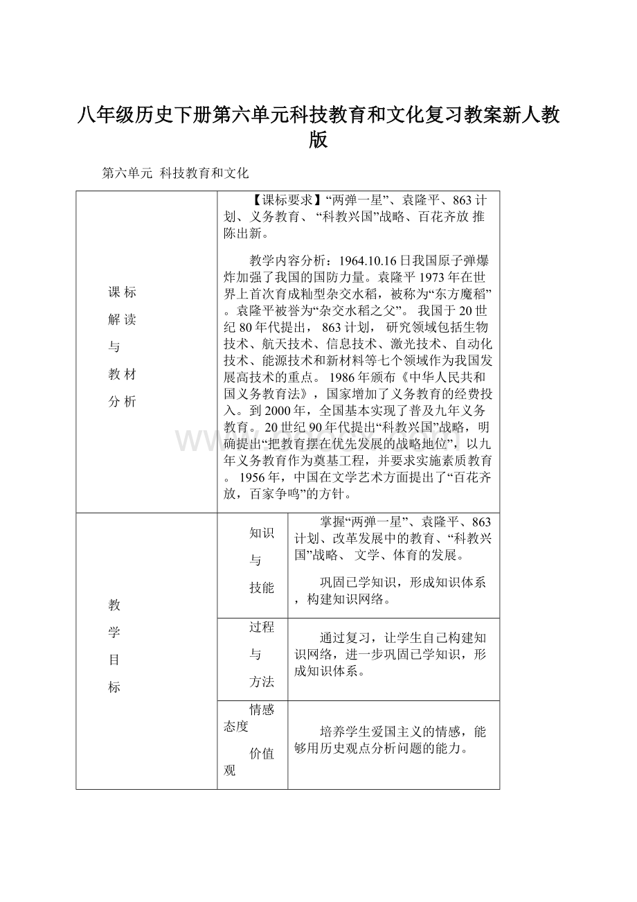 八年级历史下册第六单元科技教育和文化复习教案新人教版Word格式文档下载.docx