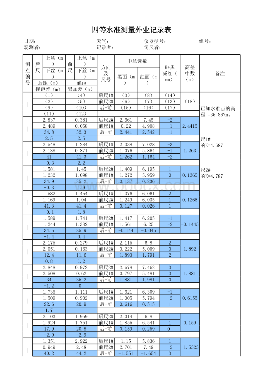 四等水准测量记录表-四等水准测量记录表图表格文件下载.xls