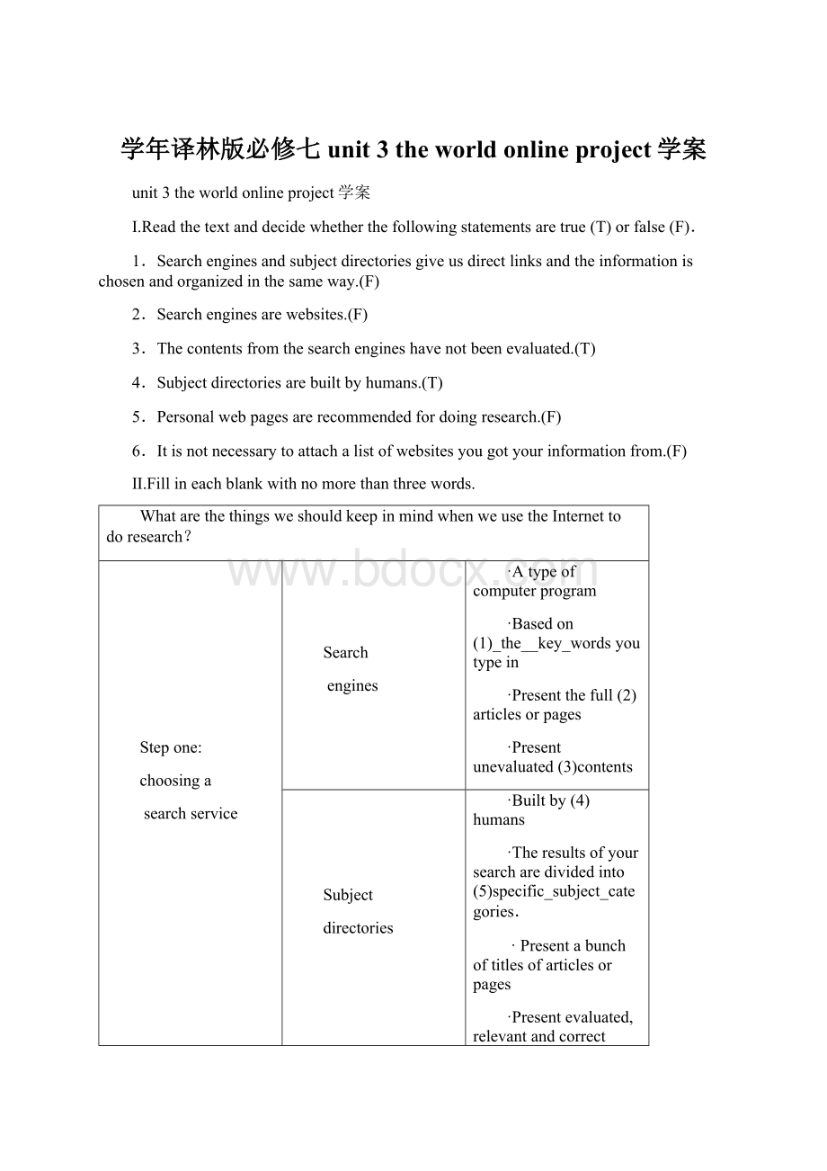 学年译林版必修七unit 3 the world online project学案Word下载.docx_第1页