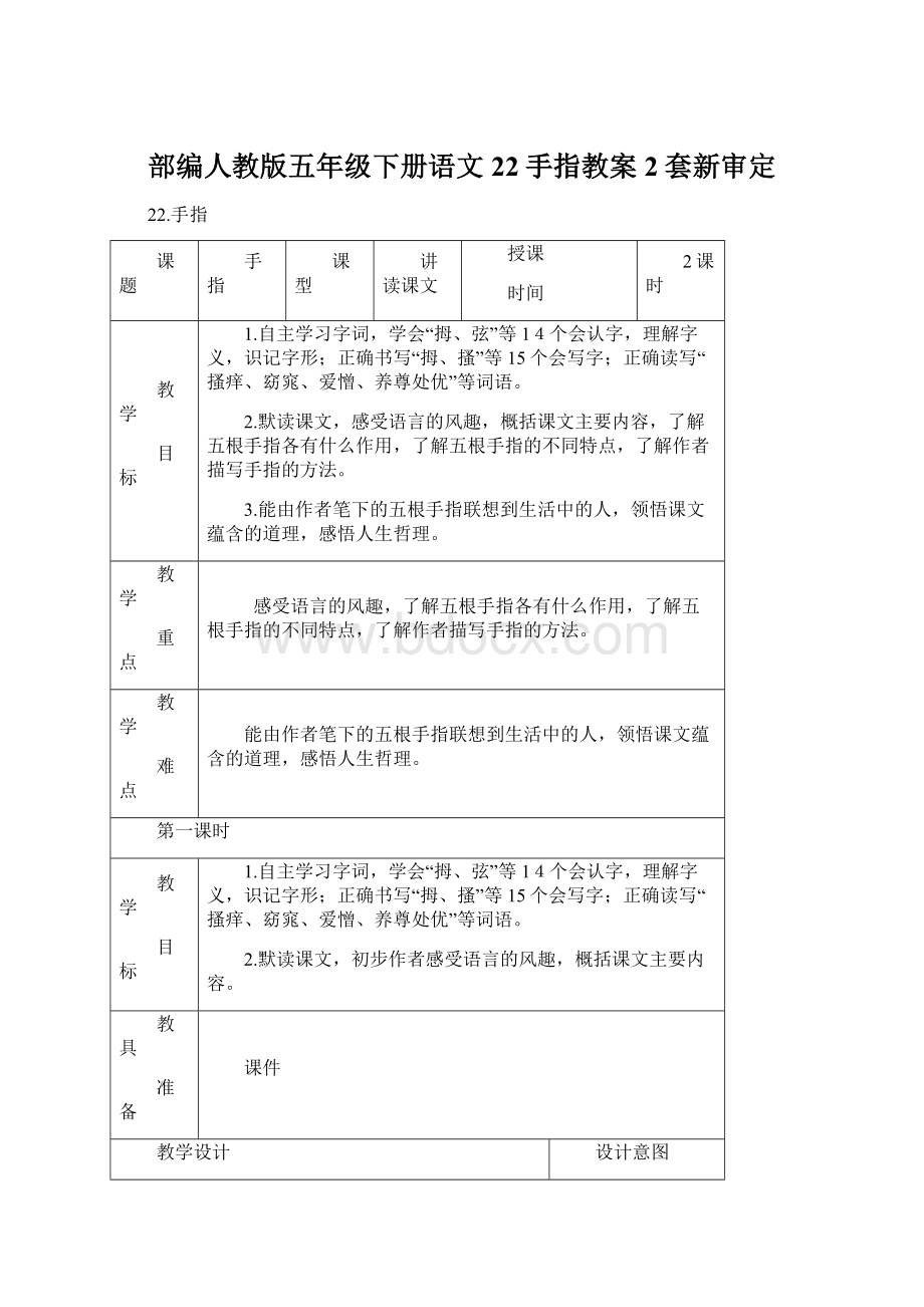 部编人教版五年级下册语文22手指教案2套新审定Word下载.docx_第1页