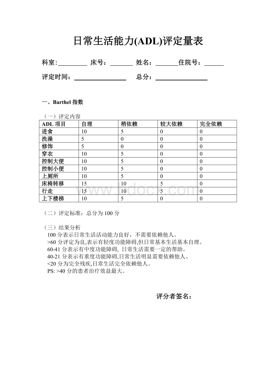 日常生活能力ADL评定量表Word文档格式.doc