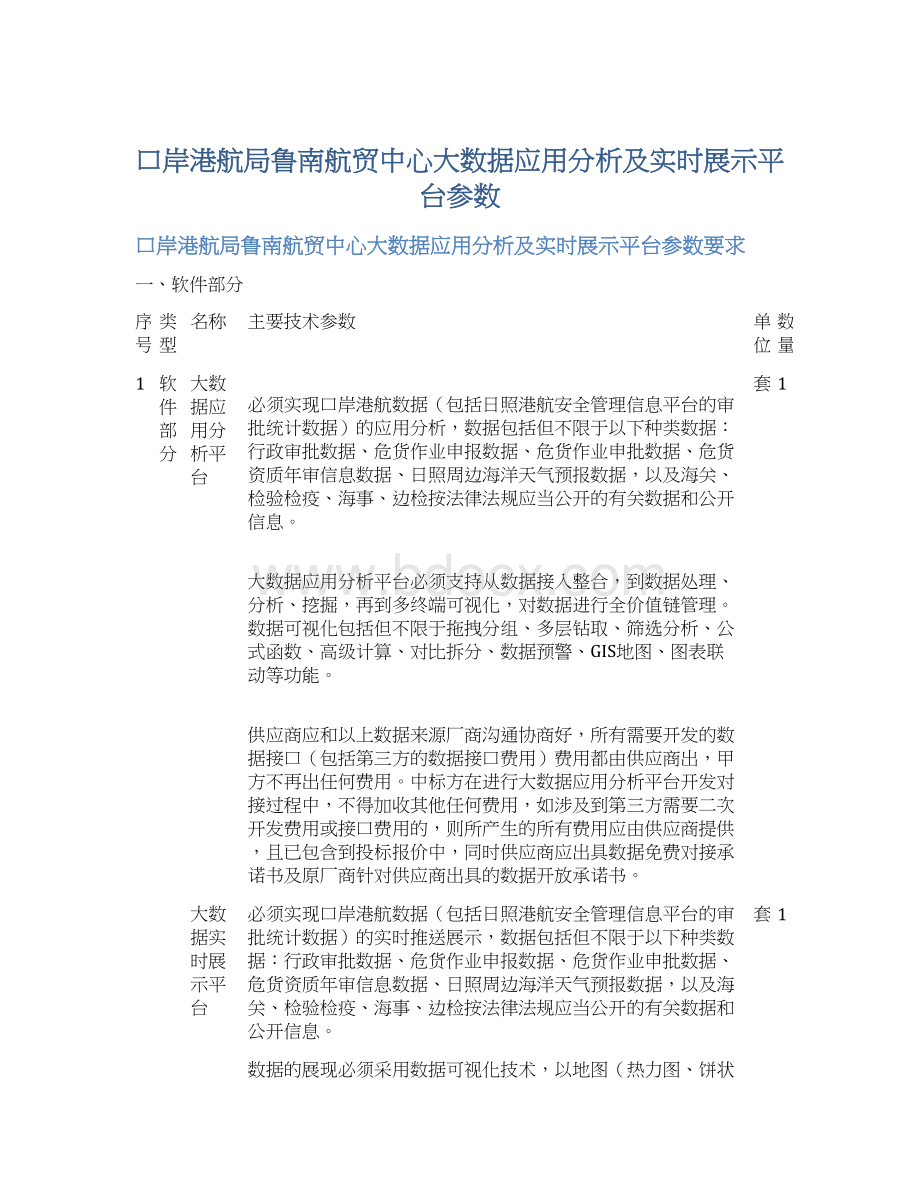 口岸港航局鲁南航贸中心大数据应用分析及实时展示平台参数Word下载.docx_第1页