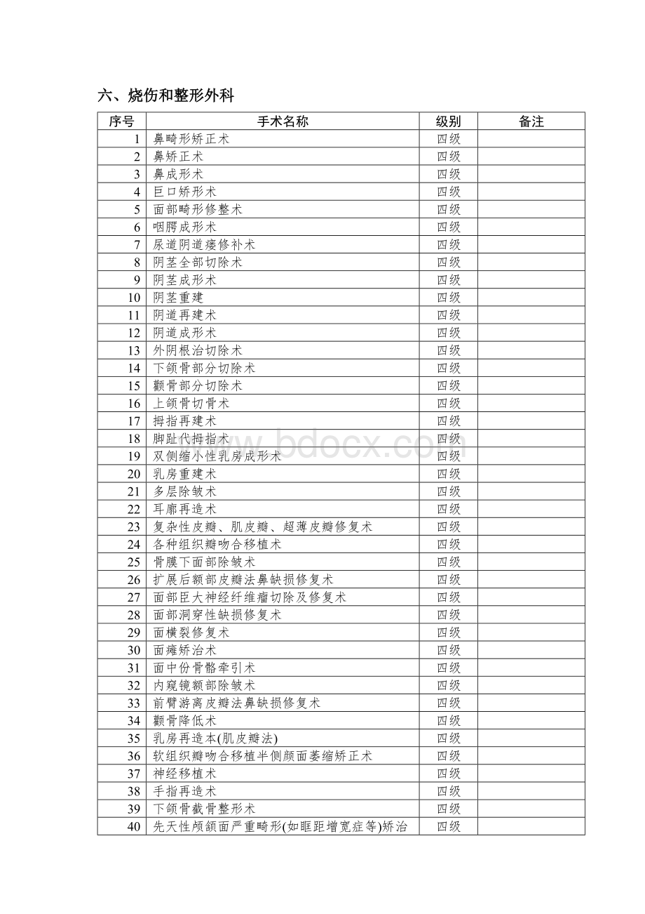 烧伤和整形外科手术分级管理目录Word文档格式.doc