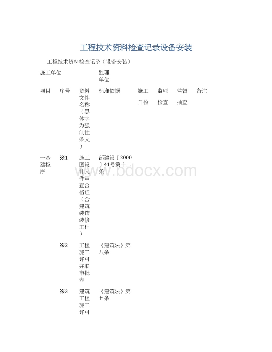 工程技术资料检查记录设备安装.docx_第1页