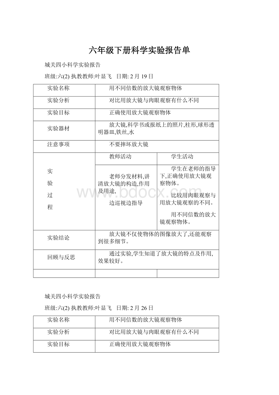 六年级下册科学实验报告单Word格式.docx