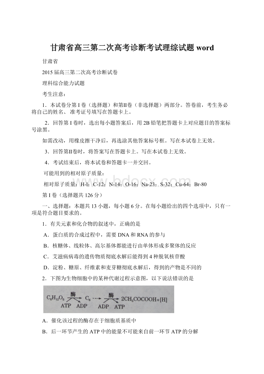 甘肃省高三第二次高考诊断考试理综试题wordWord格式文档下载.docx