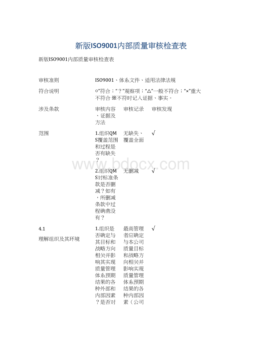 新版ISO9001内部质量审核检查表Word文件下载.docx