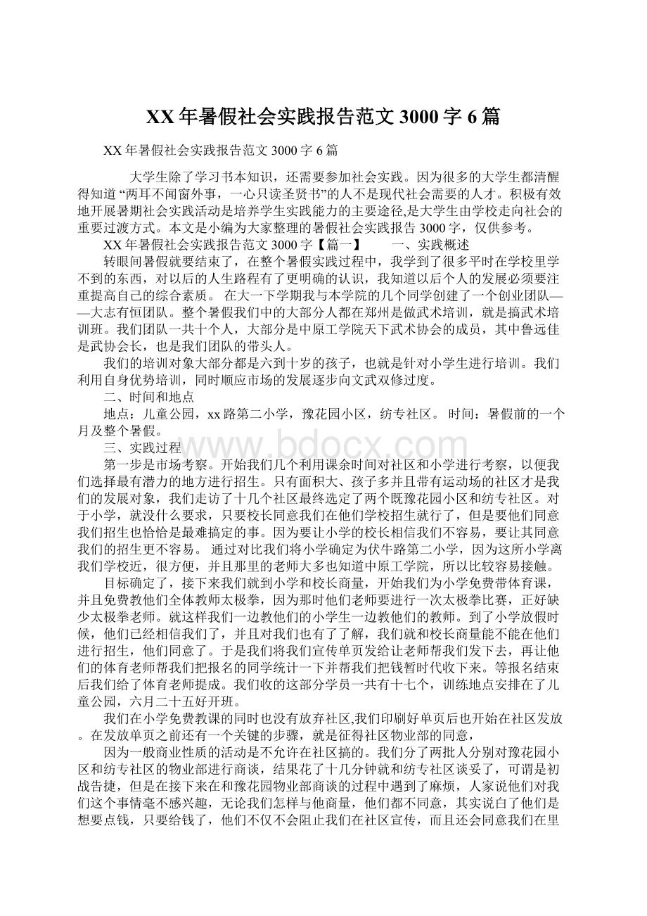 XX年暑假社会实践报告范文3000字6篇Word下载.docx