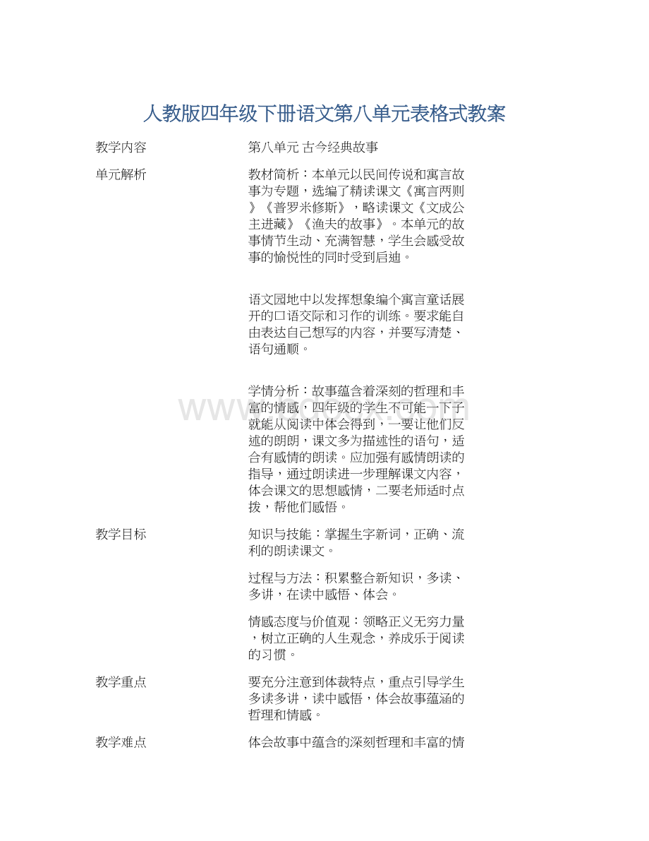 人教版四年级下册语文第八单元表格式教案Word文档格式.docx