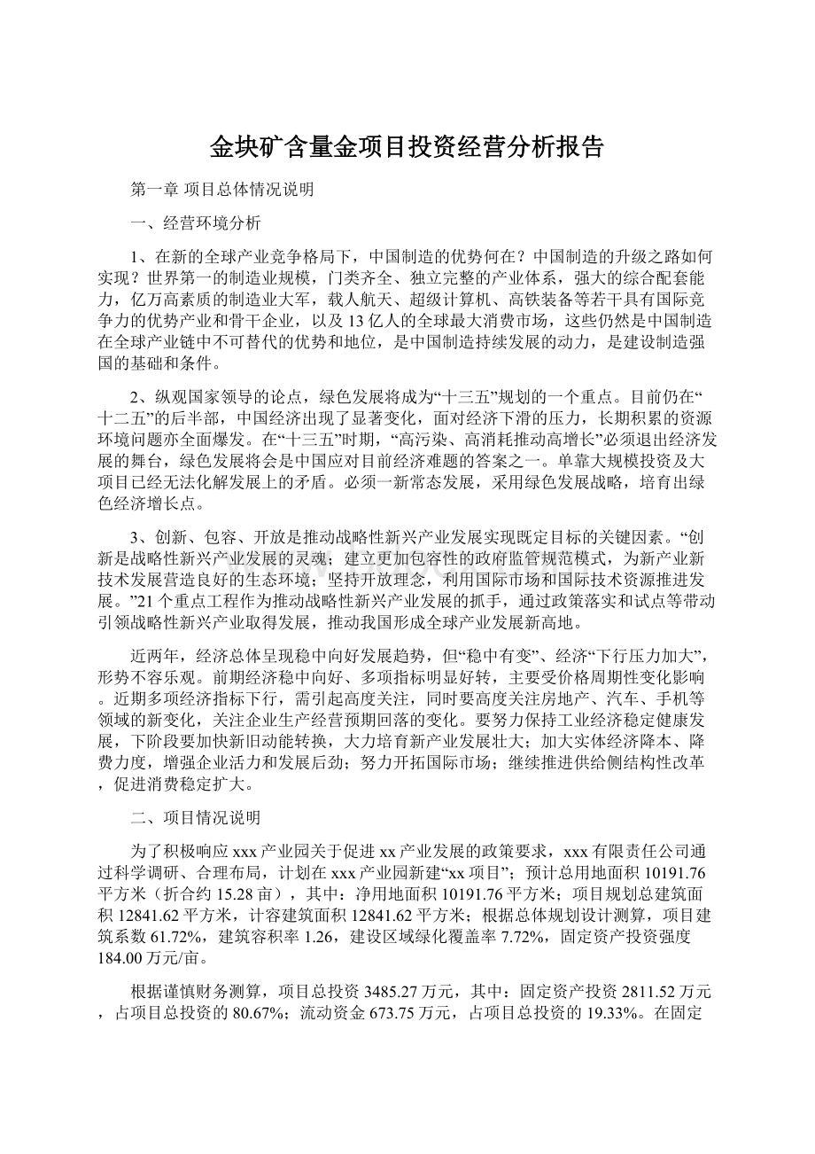 金块矿含量金项目投资经营分析报告Word格式.docx_第1页