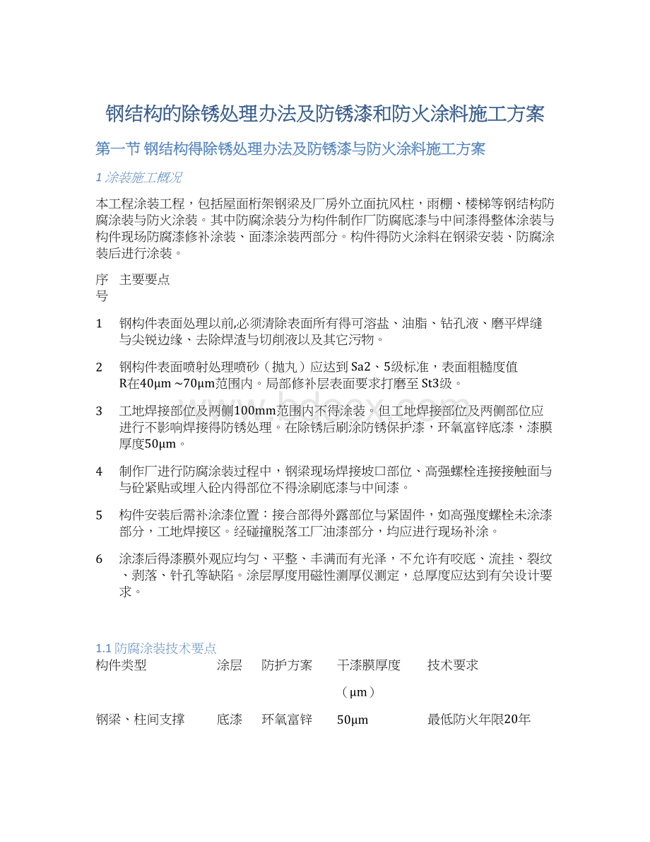 钢结构的除锈处理办法及防锈漆和防火涂料施工方案Word格式文档下载.docx