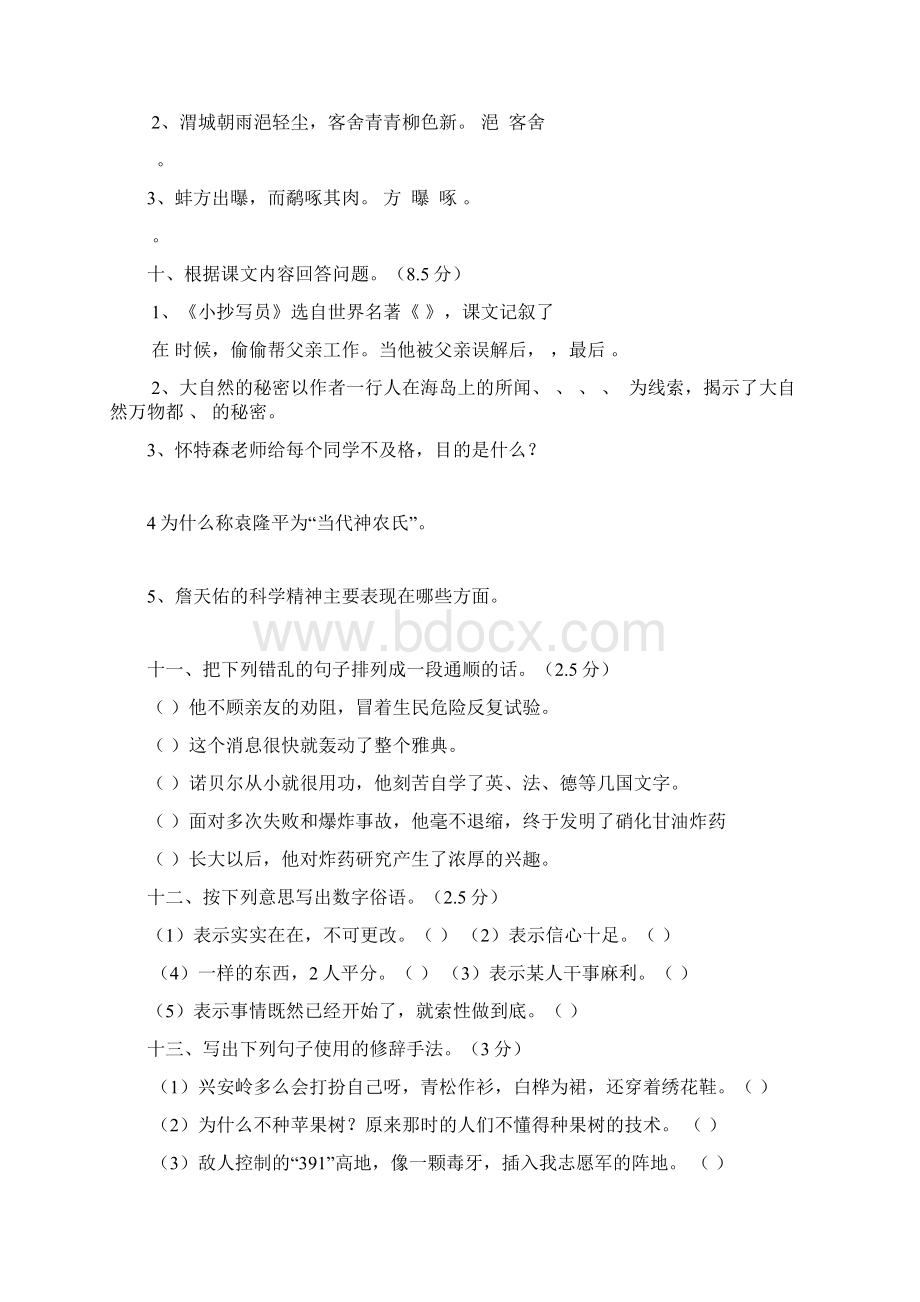 新版北师大版小学六年级语文下册期末试题 共10套.docx_第3页