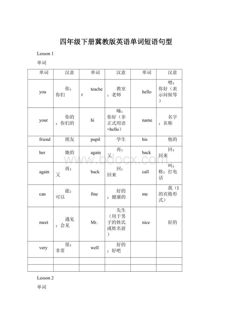 四年级下册冀教版英语单词短语句型Word下载.docx