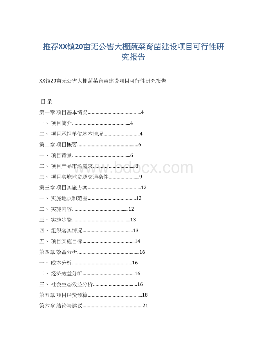 推荐XX镇20亩无公害大棚蔬菜育苗建设项目可行性研究报告Word下载.docx