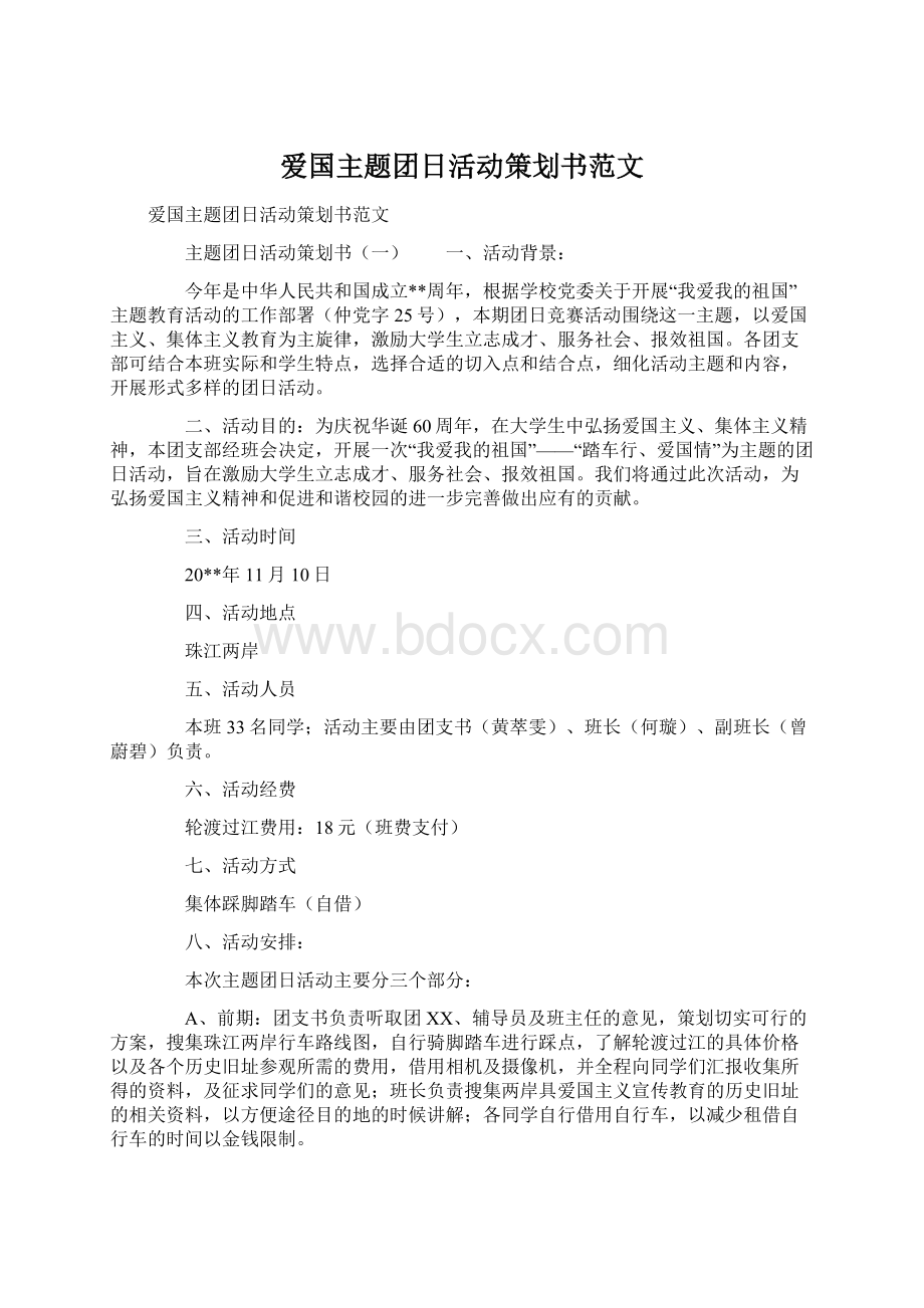 爱国主题团日活动策划书范文Word格式.docx