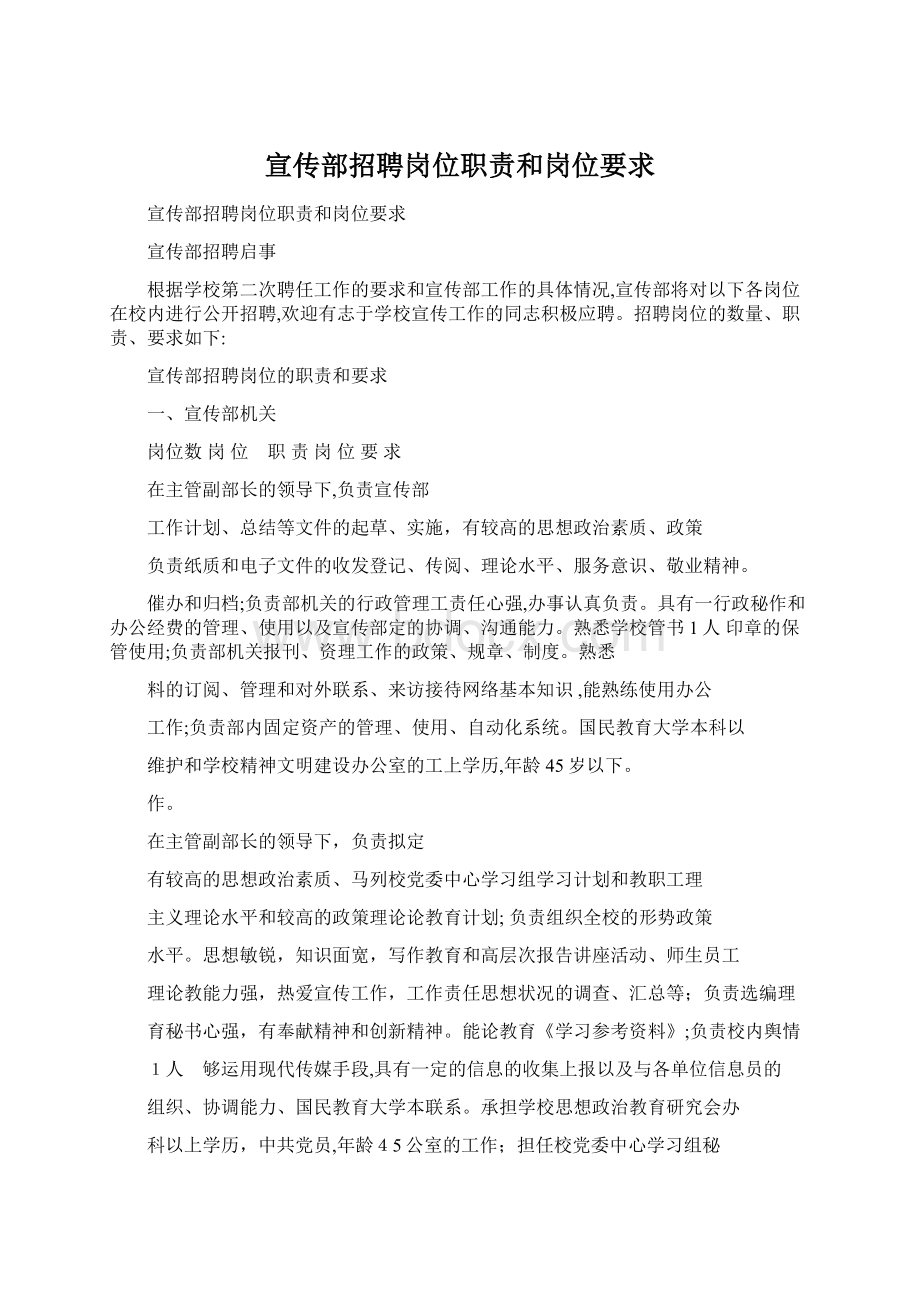 宣传部招聘岗位职责和岗位要求Word下载.docx_第1页