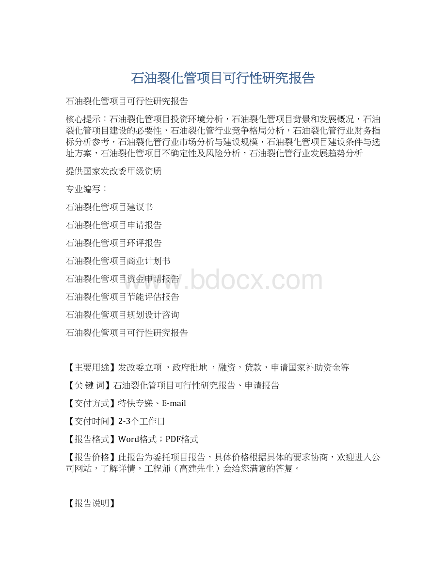 石油裂化管项目可行性研究报告Word格式文档下载.docx