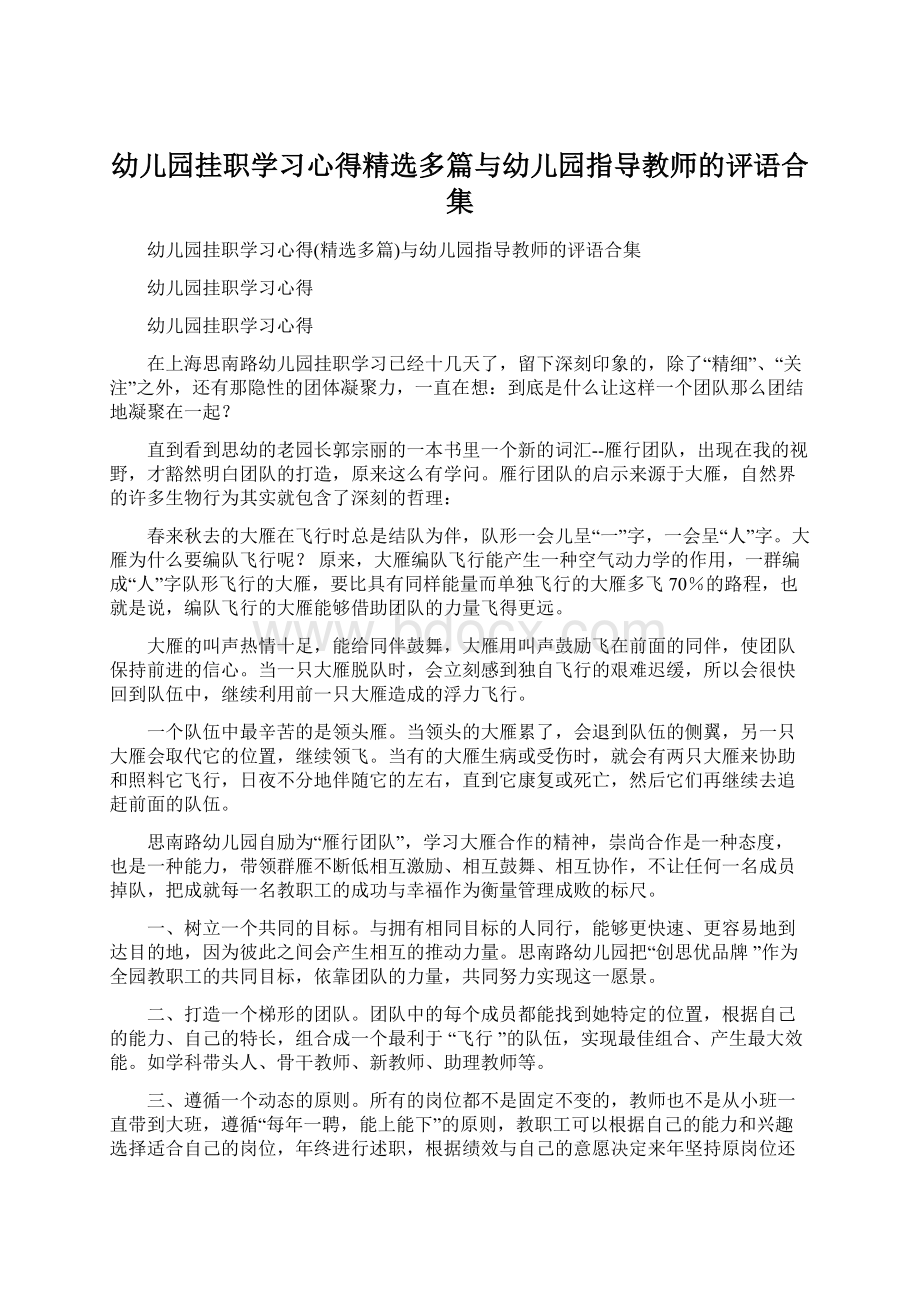 幼儿园挂职学习心得精选多篇与幼儿园指导教师的评语合集Word文档下载推荐.docx_第1页