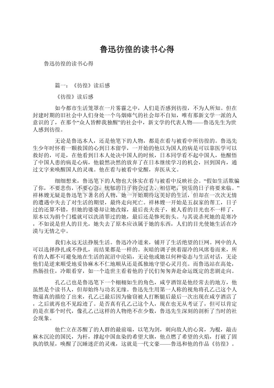 鲁迅彷徨的读书心得Word文档下载推荐.docx