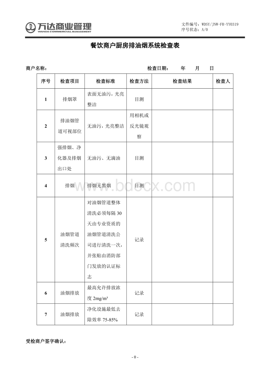 万达餐饮商户厨房排油烟系统检查表Word下载.doc_第1页