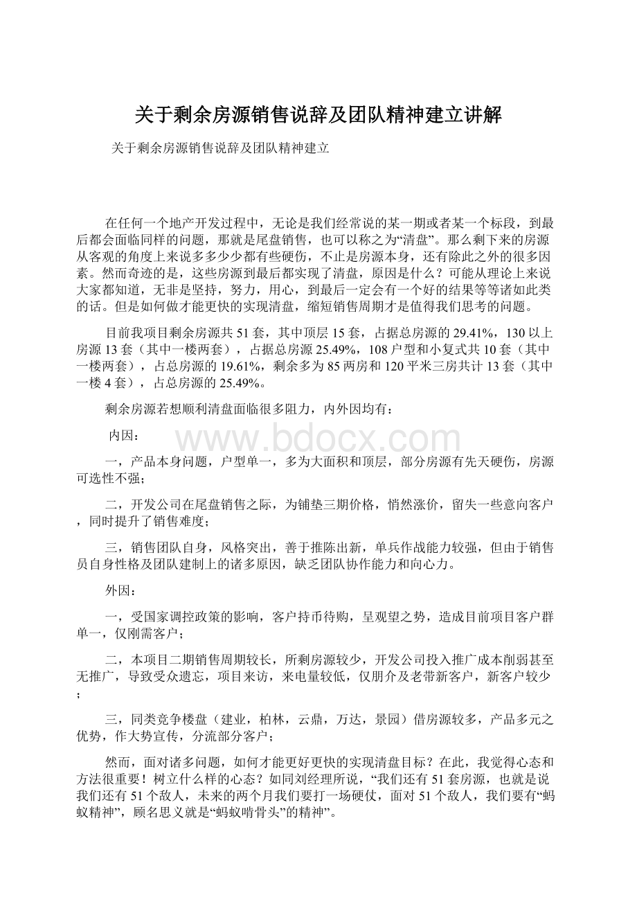 关于剩余房源销售说辞及团队精神建立讲解Word文档格式.docx