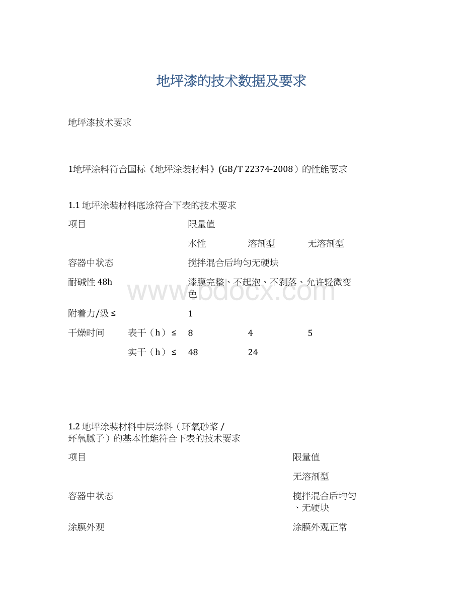 地坪漆的技术数据及要求Word文档下载推荐.docx