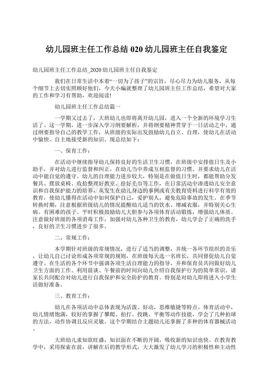 幼儿园班主任工作总结020幼儿园班主任自我鉴定.docx