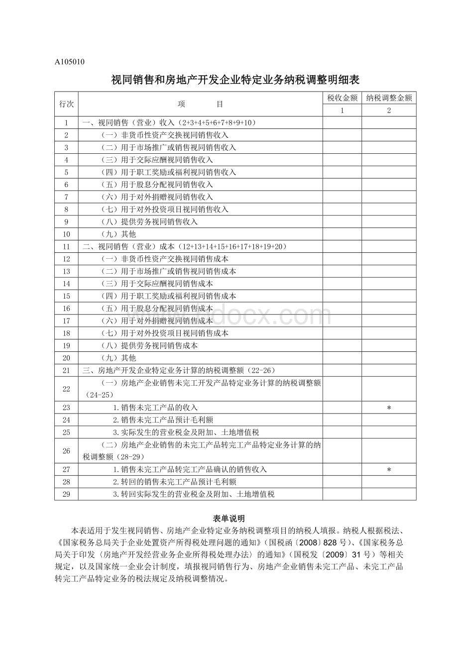 A105010《视同销售和房地产开发企业特定业务纳税调整明细表》Word文件下载.doc