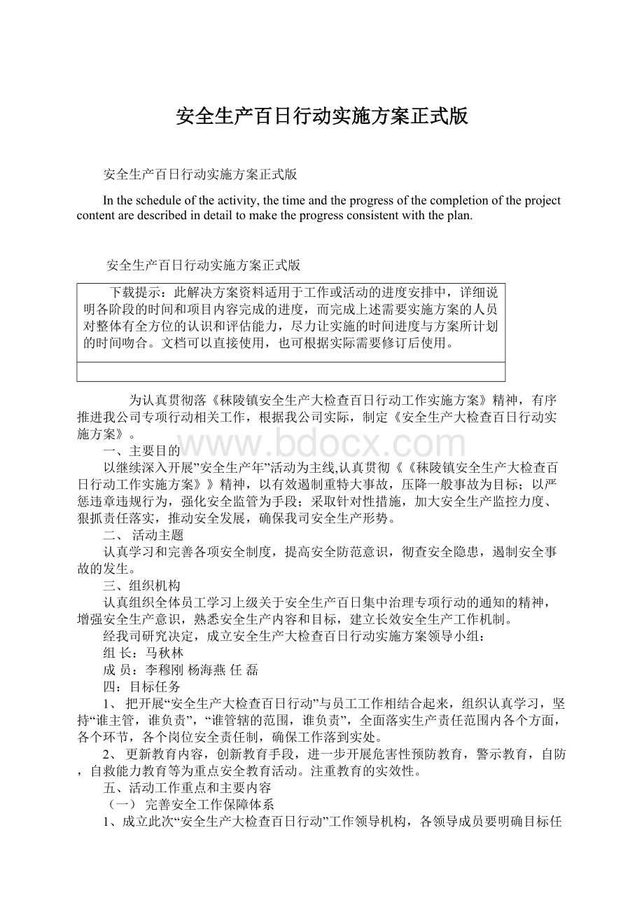 安全生产百日行动实施方案正式版文档格式.docx_第1页