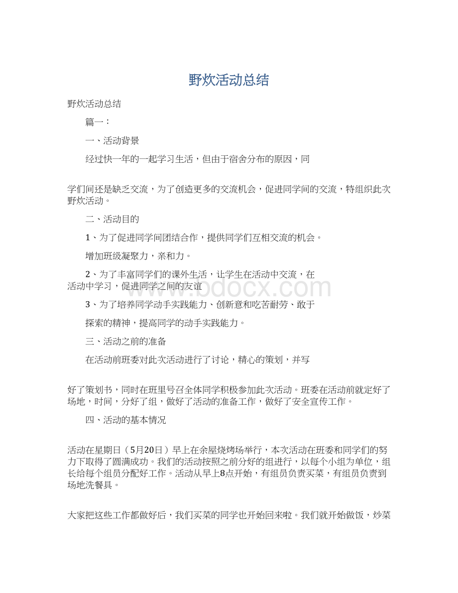 野炊活动总结Word格式文档下载.docx