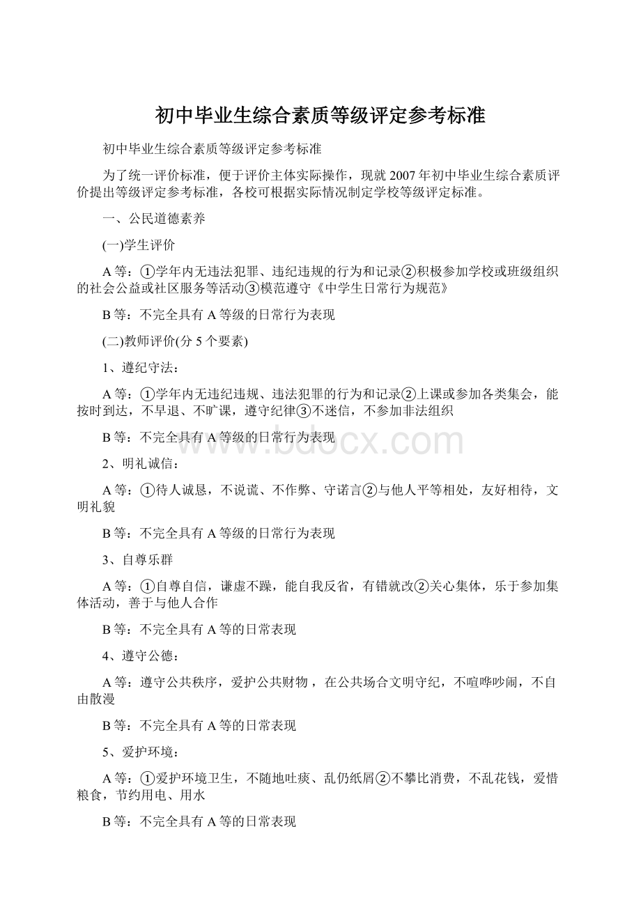 初中毕业生综合素质等级评定参考标准Word文档下载推荐.docx_第1页