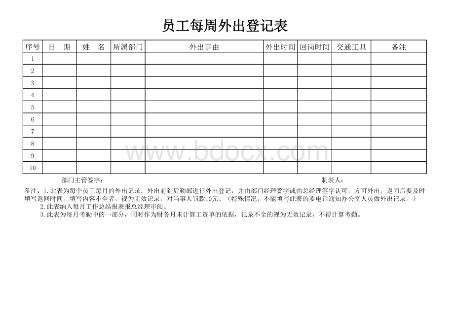 公司员工外出登记表表格文件下载.xls